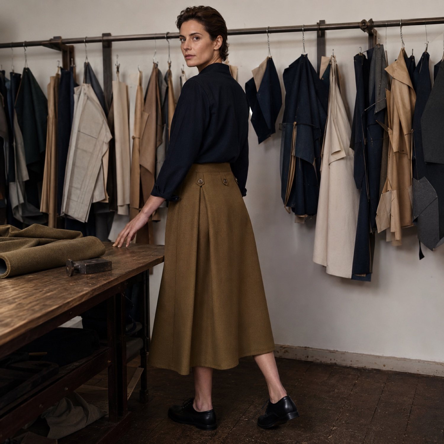 Clerkenwell A-line midi skirt — Tailored Skirts by CROWN TAILORING. shown worn.