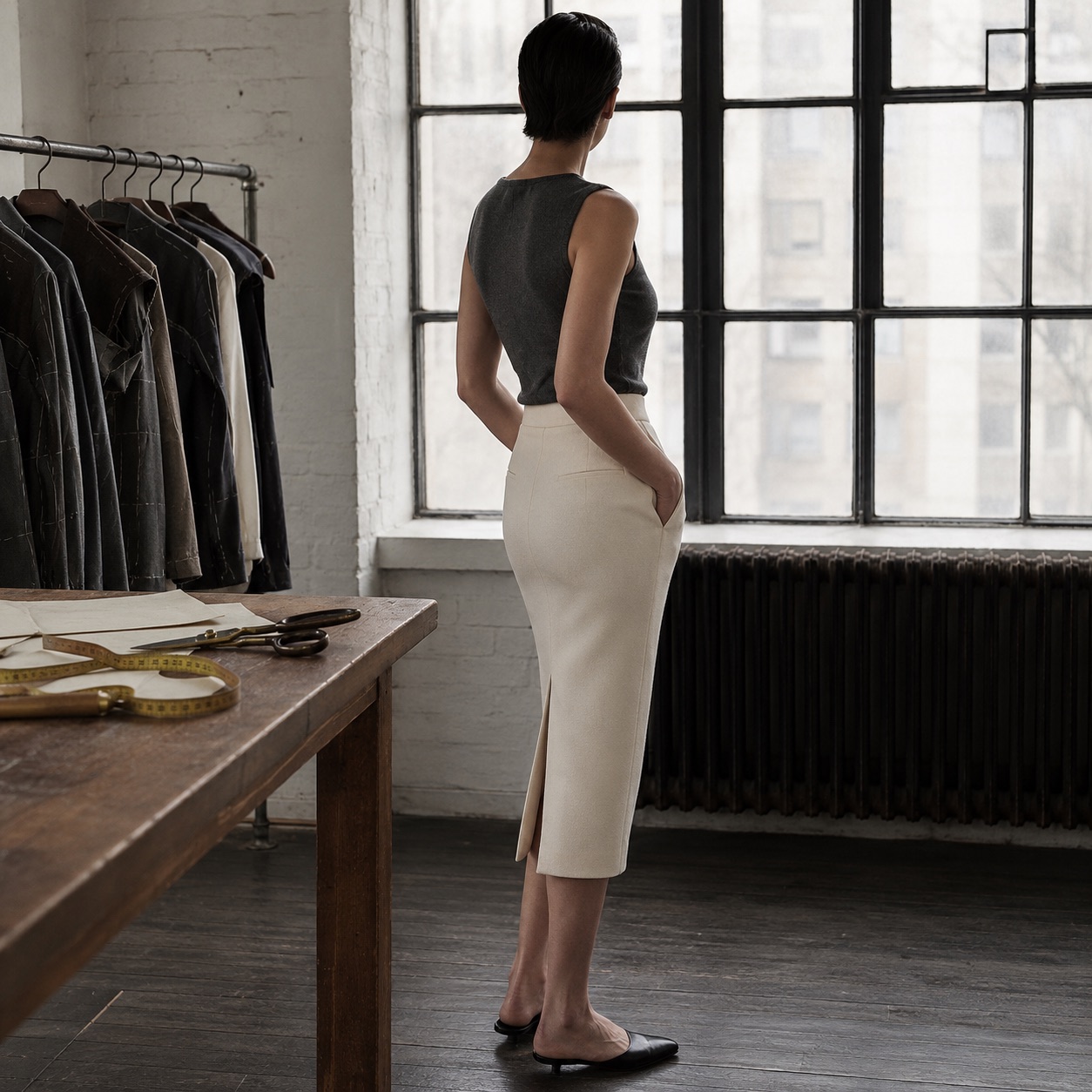 Holborn pencil skirt — Tailored Skirts by CROWN TAILORING. worn by a model, side view.