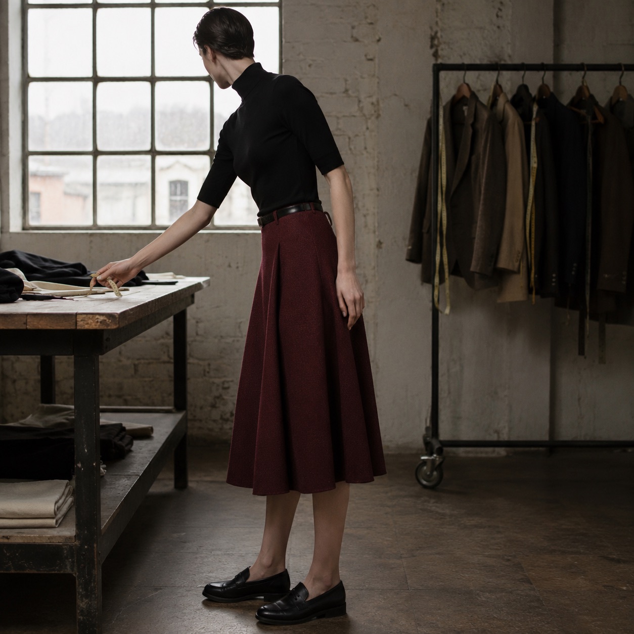 Pimlico A-line midi skirt — Tailored Skirts by CROWN TAILORING. worn by a model, side view.