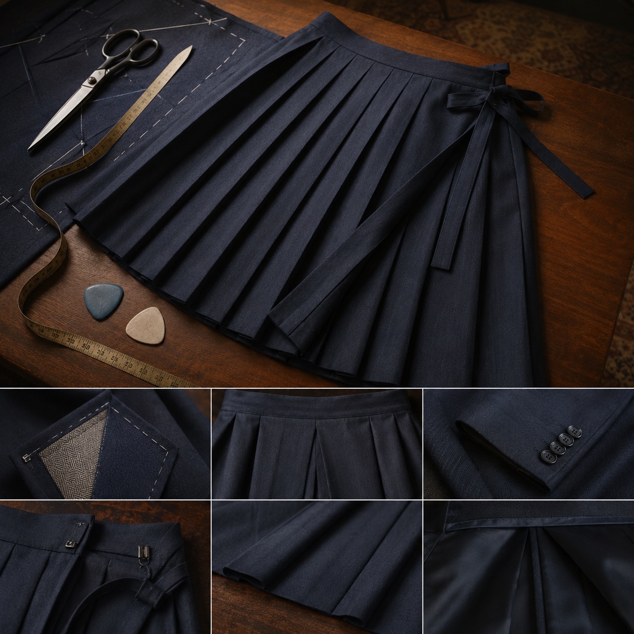 Cotswold box-pleated wrap skirt — Tailored Skirts by CROWN TAILORING. close detail of the fabric and finish.