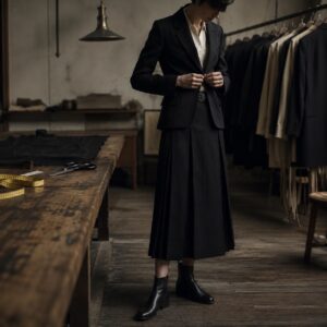 Cotswold box-pleated wrap skirt — Tailored Skirts by CROWN TAILORING. worn by a model.