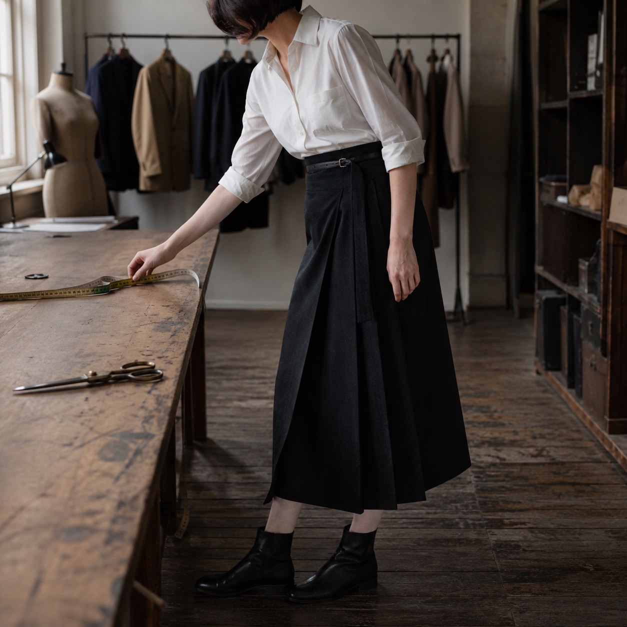 Cotswold box-pleated wrap skirt — Tailored Skirts by CROWN TAILORING. worn by a model, side view.