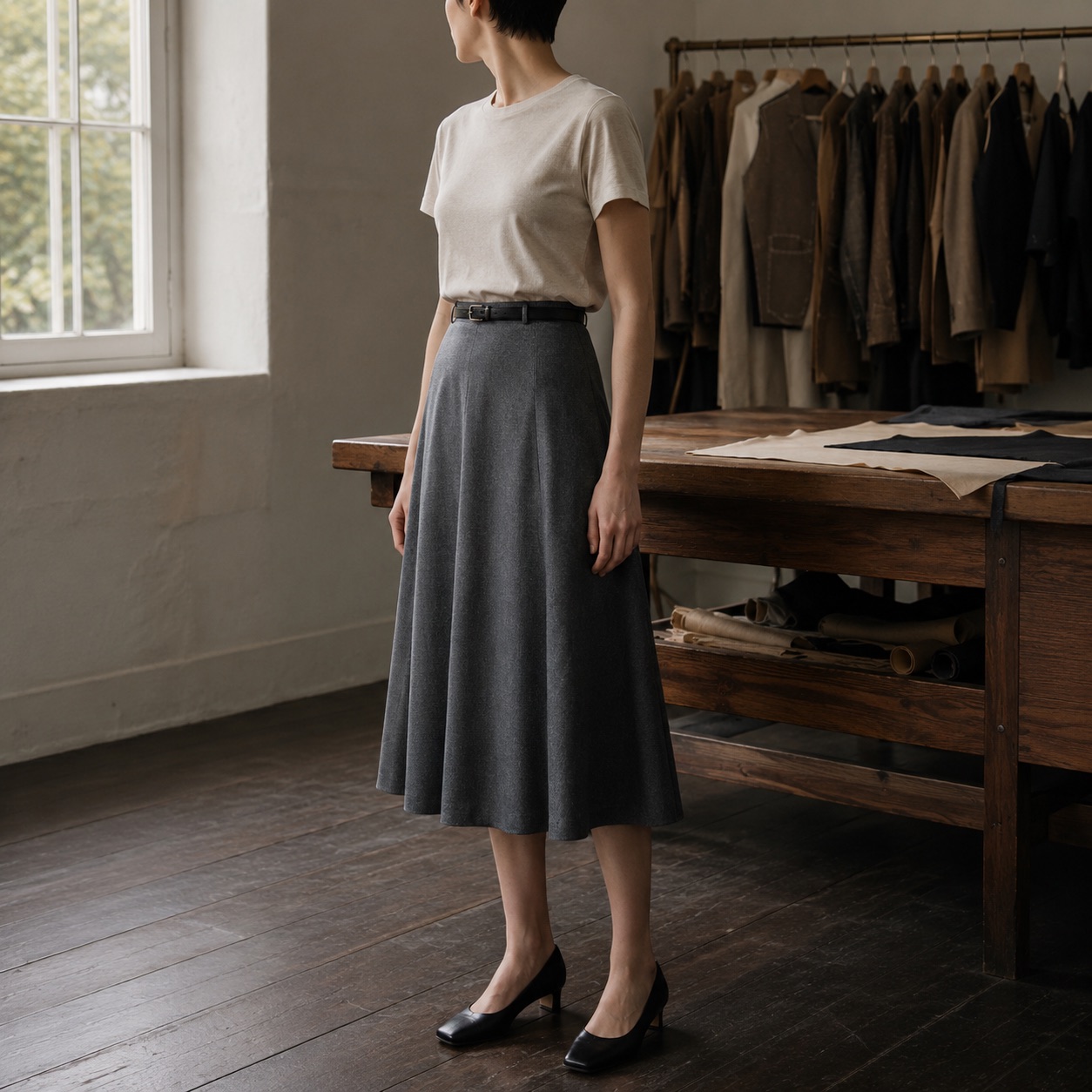 Ashdown A-line midi skirt — Tailored Skirts by CROWN TAILORING. worn by a model.