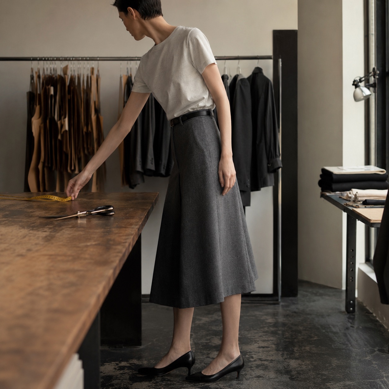 Ashdown A-line midi skirt — Tailored Skirts by CROWN TAILORING. worn by a model, side view.
