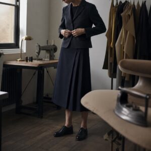 Bloomsbury box-pleated wrap skirt — Tailored Skirts by CROWN TAILORING. worn by a model.