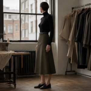 Dartmoor A-line midi skirt — Tailored Skirts by CROWN TAILORING. worn by a model.