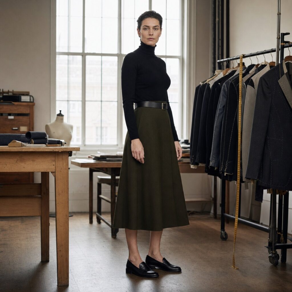 Dartmoor A-line midi skirt — Tailored Skirts by CROWN TAILORING. shown worn.