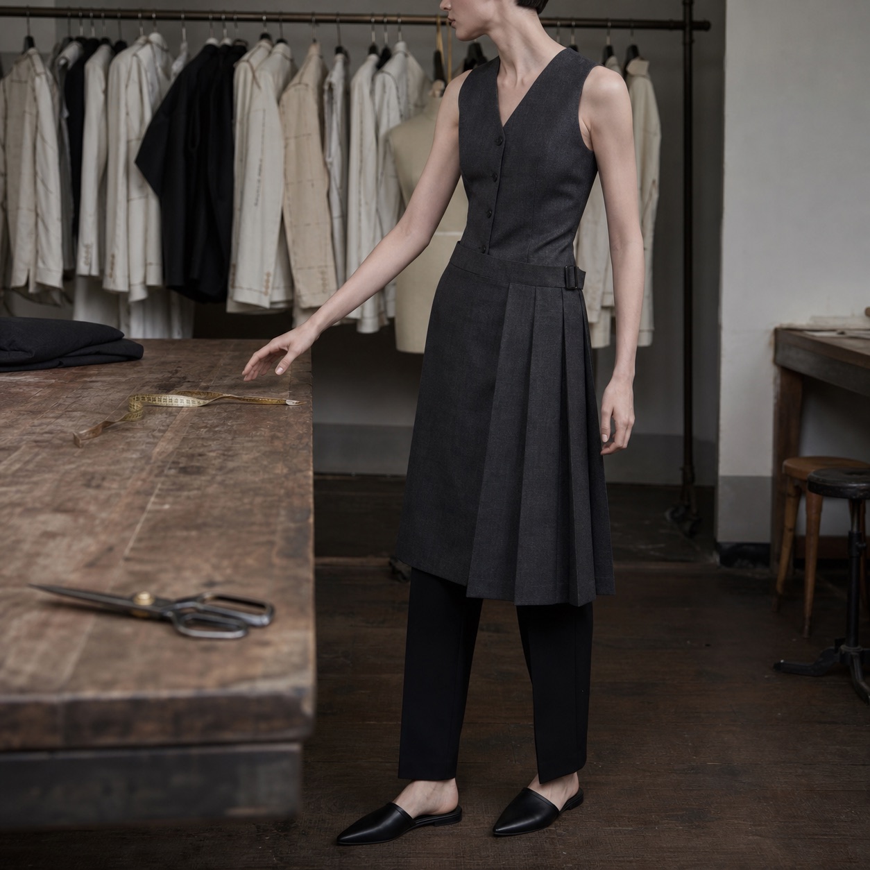 Fitzrovia box-pleated wrap skirt — Tailored Skirts by CROWN TAILORING. worn by a model, side view.