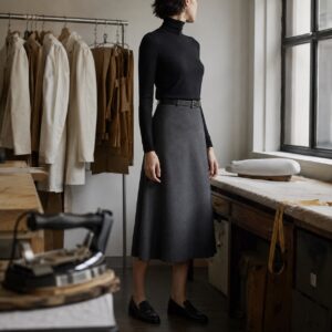 Sloe A-line midi skirt — Tailored Skirts by CROWN TAILORING. worn by a model.