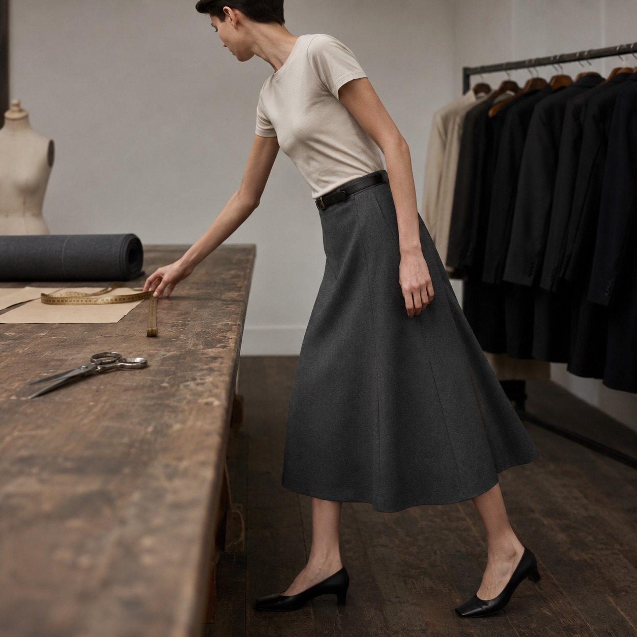Sloe A-line midi skirt — Tailored Skirts by CROWN TAILORING. worn by a model, side view.