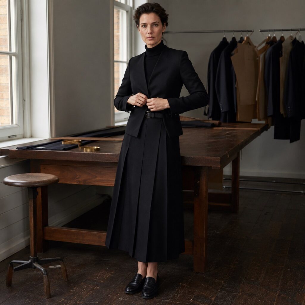 Holborn box-pleated wrap skirt — Tailored Skirts by CROWN TAILORING. shown worn.