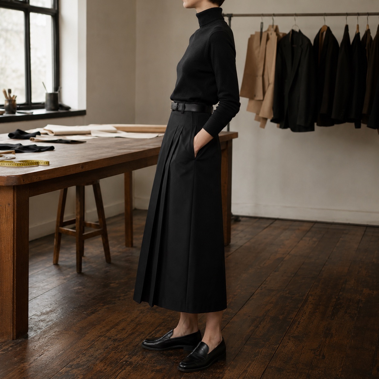 Holborn box-pleated wrap skirt — Tailored Skirts by CROWN TAILORING. worn by a model, side view.