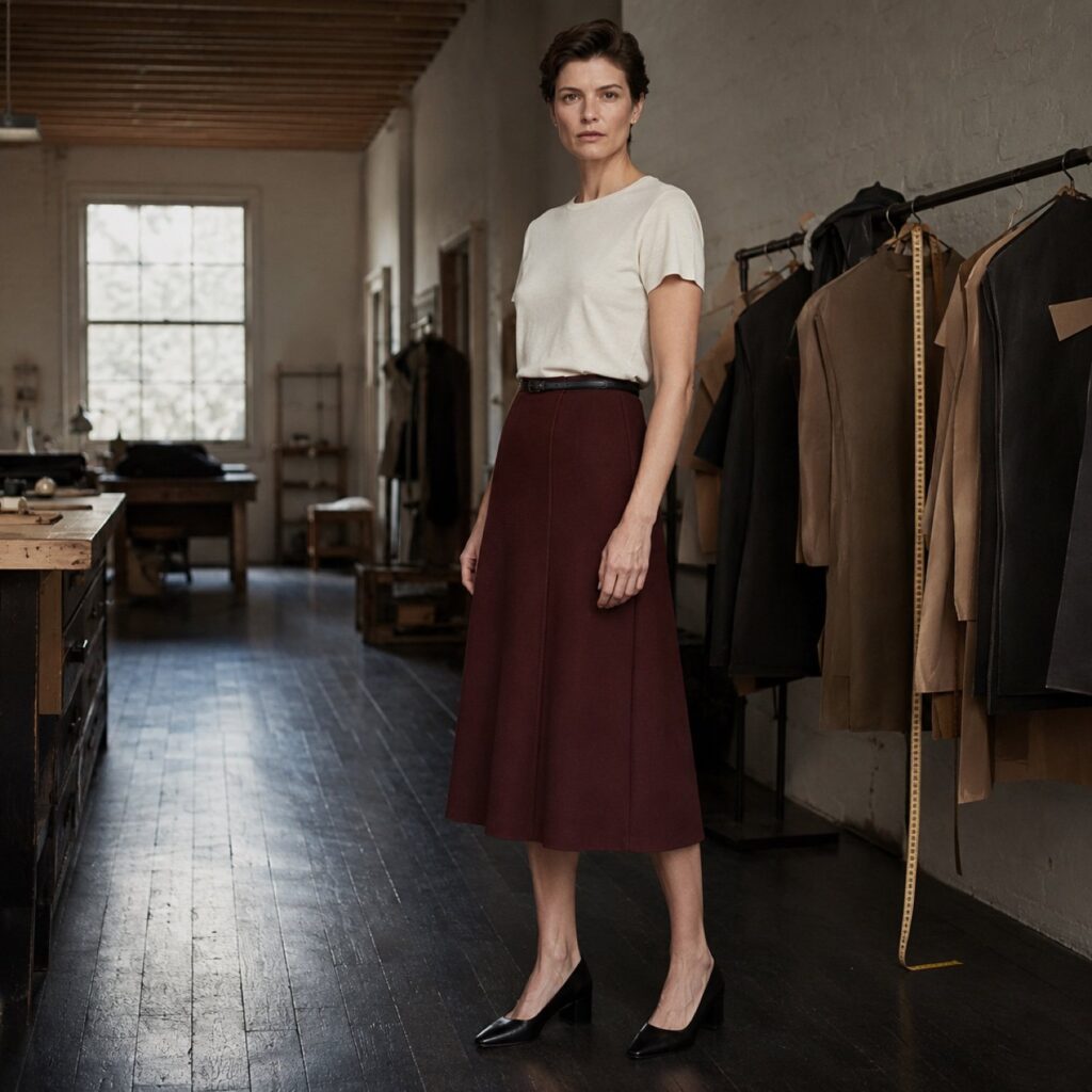 Bloomsbury A-line midi skirt — Tailored Skirts by CROWN TAILORING. shown worn.