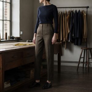 Clerkenwell cigarette-leg tailored trousers — Tailored Trousers by CROWN TAILORING. worn by a model.