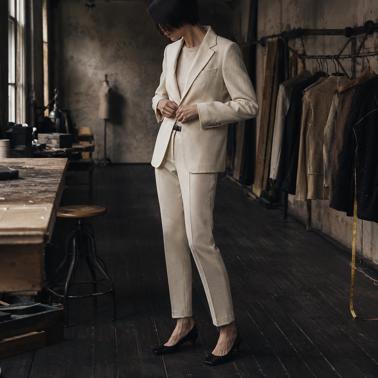 Hawthorn cigarette-leg tailored trousers — Tailored Trousers by CROWN TAILORING. worn by a model.