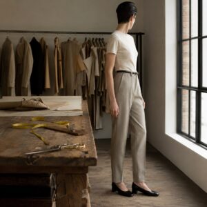 Pimlico cigarette-leg tailored trousers — Tailored Trousers by CROWN TAILORING. worn by a model.