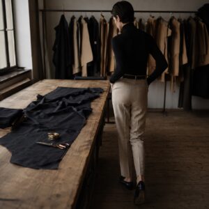Ashdown cigarette-leg tailored trousers — Tailored Trousers by CROWN TAILORING. worn by a model.
