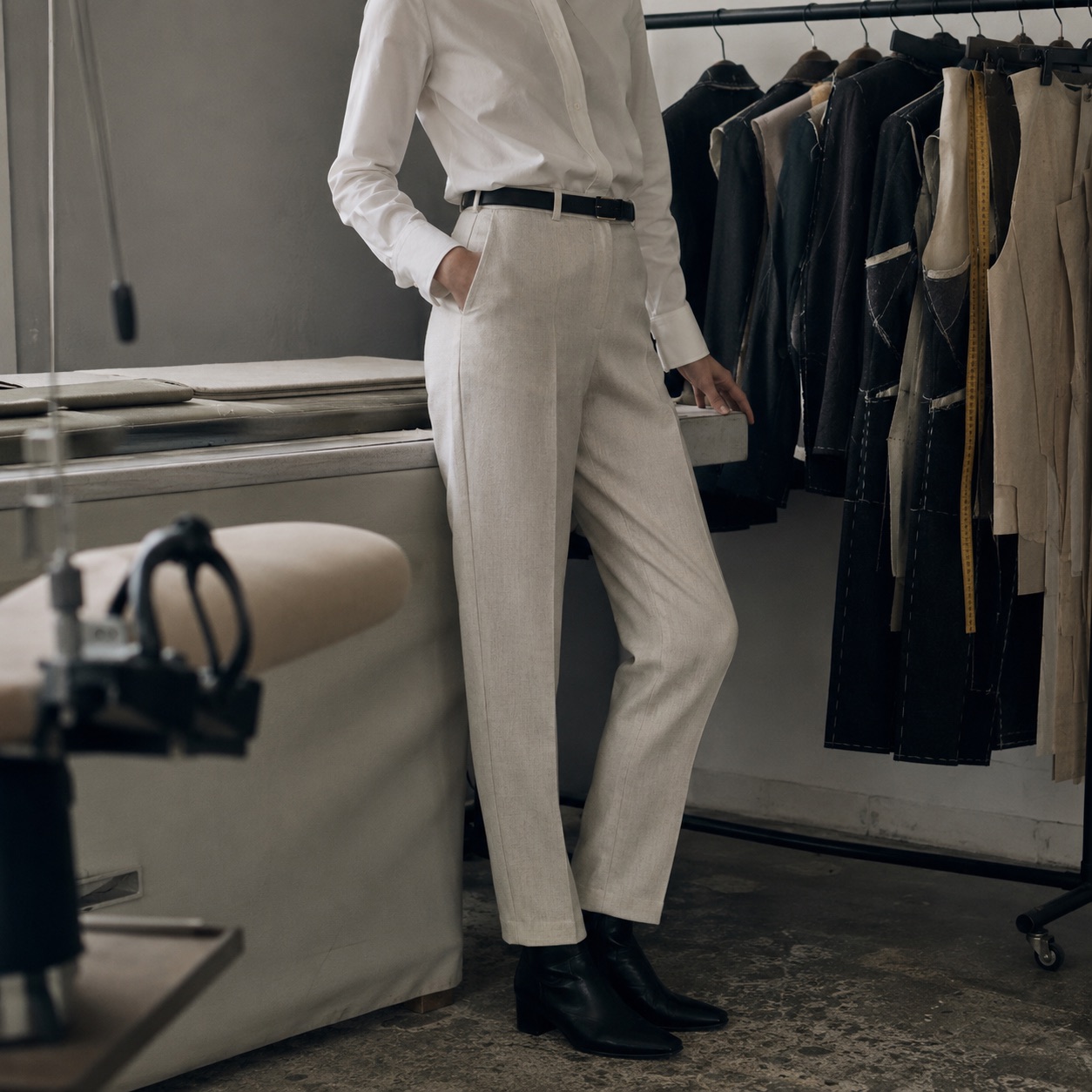 Clerkenwell cigarette-leg tailored trousers — Tailored Trousers by CROWN TAILORING. worn by a model.