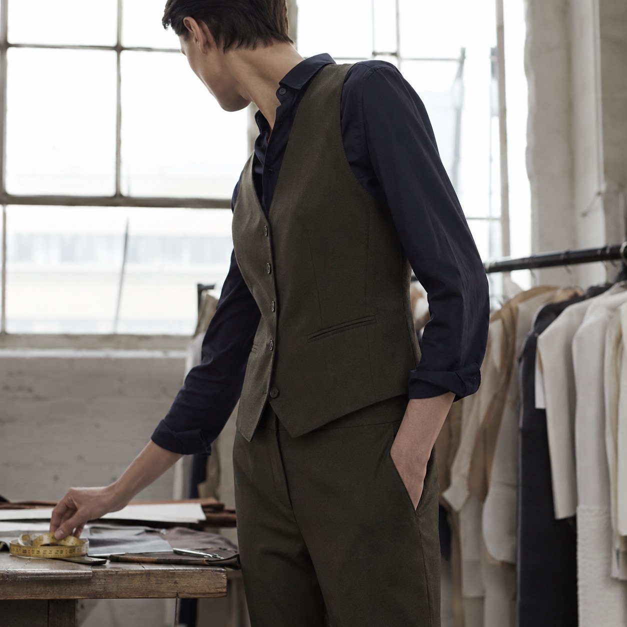 Bracken single-breasted waistcoat — Waistcoats by CROWN TAILORING. worn by a model, side view.