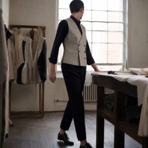 Sloe double-breasted waistcoat — Waistcoats by CROWN TAILORING. worn by a model.