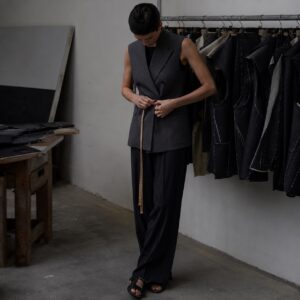 Dartmoor double-breasted waistcoat — Waistcoats by CROWN TAILORING. worn by a model.