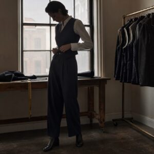 Holborn double-breasted waistcoat — Waistcoats by CROWN TAILORING. worn by a model.