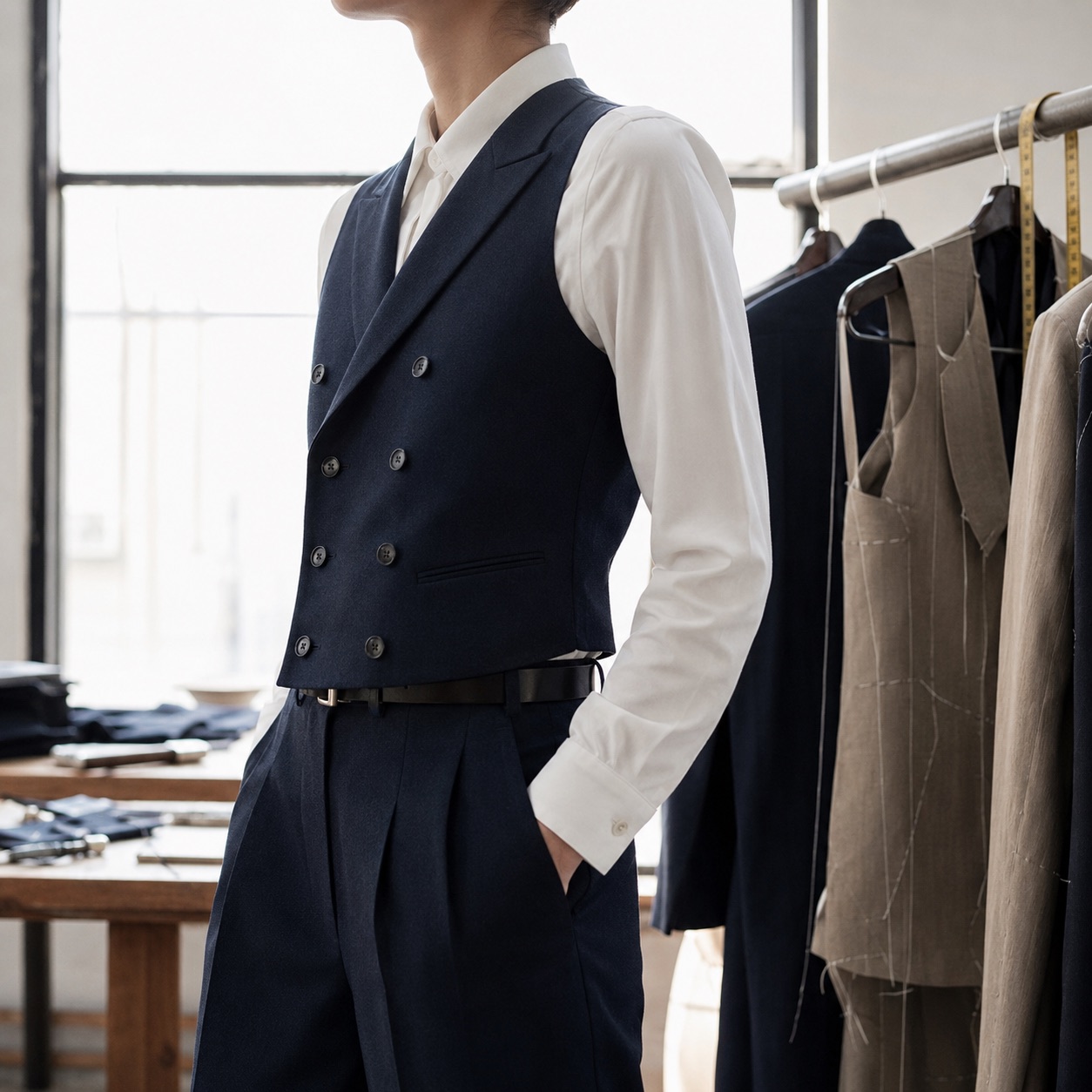 Holborn double-breasted waistcoat — Waistcoats by CROWN TAILORING. worn by a model, side view.