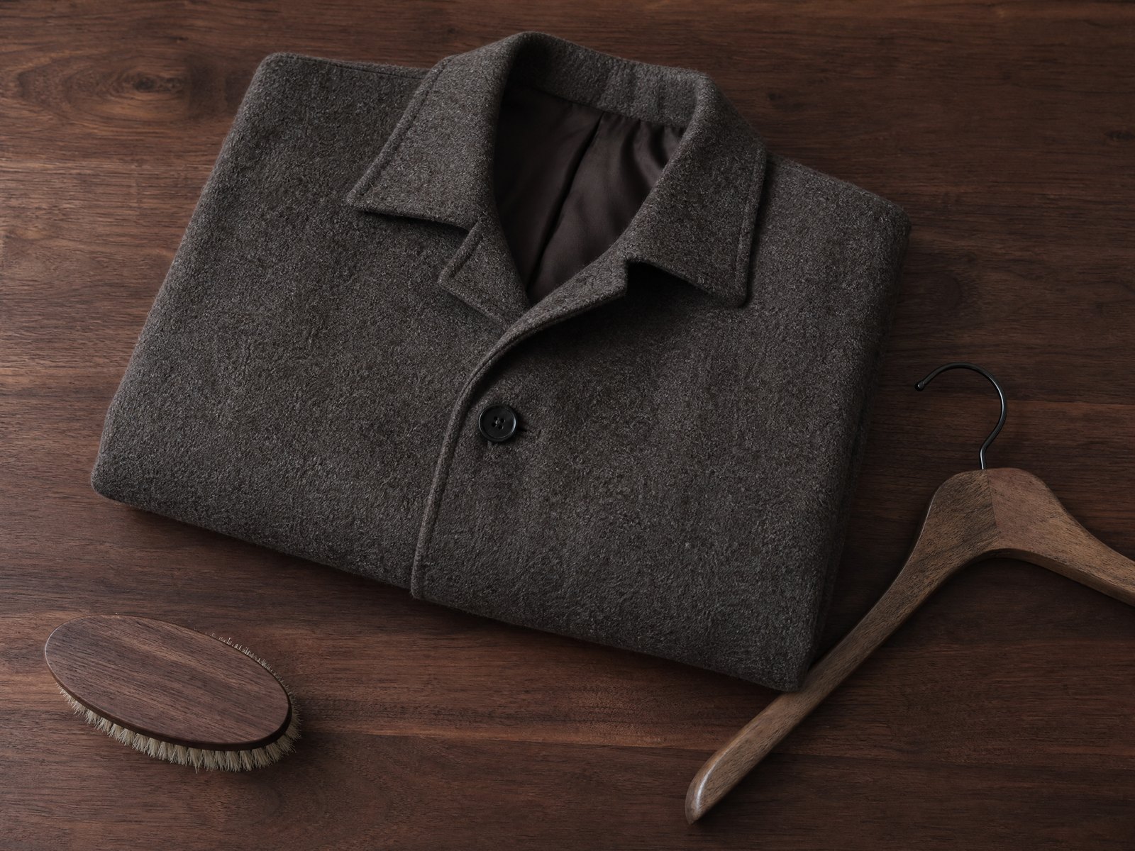 A folded lambswool jumper beside wool detergent flakes and a garment brush